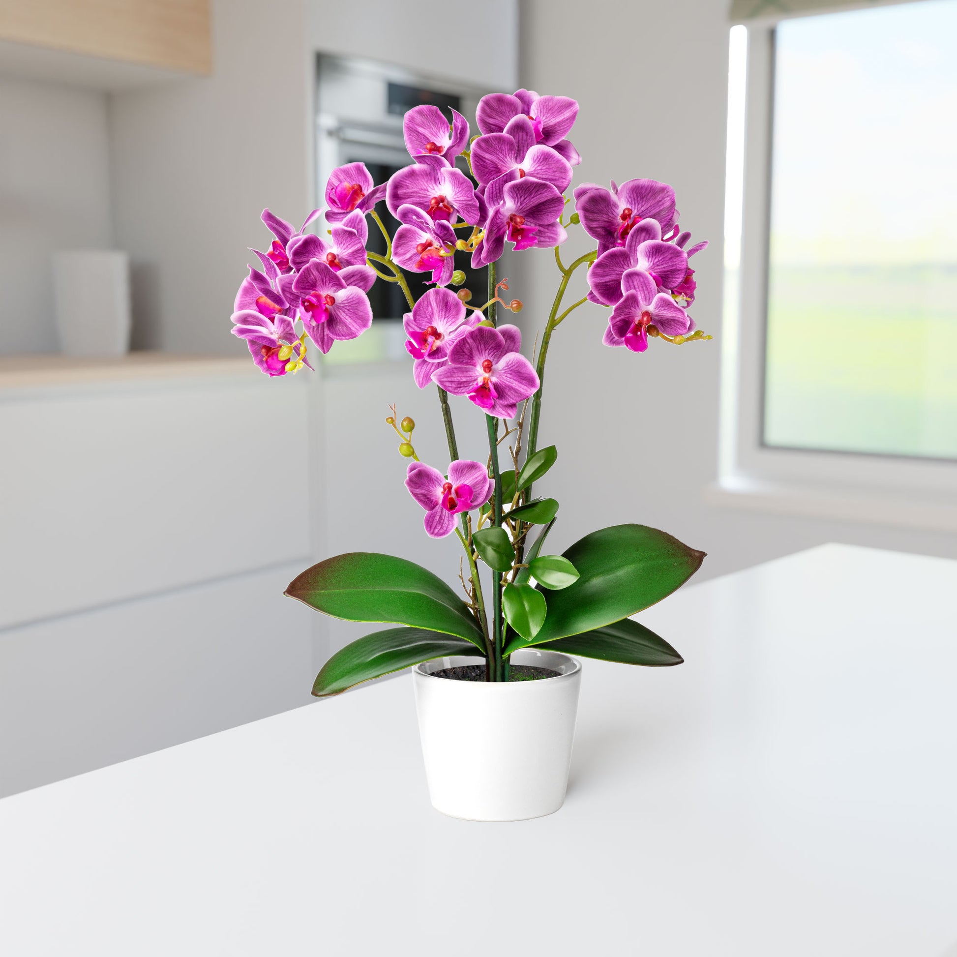 Elegante künstliche Orchidee als stilvolle Fensterbank-Deko