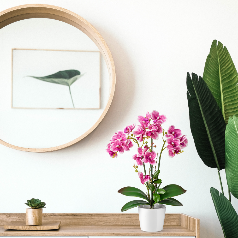 Seitliche Ansicht der künstlichen Orchidee mit naturgetreuen Blättern