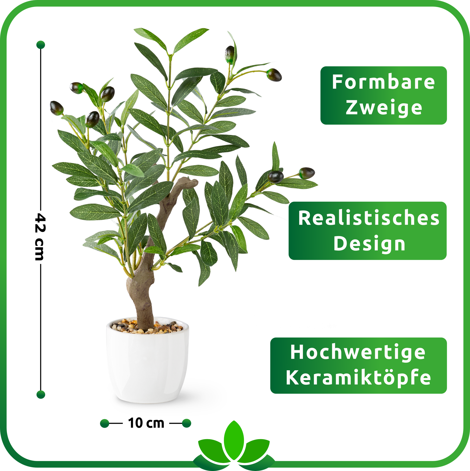 Moderner weißer Keramiktopf mit künstlichem Olivenbaum im mediterranen Stil