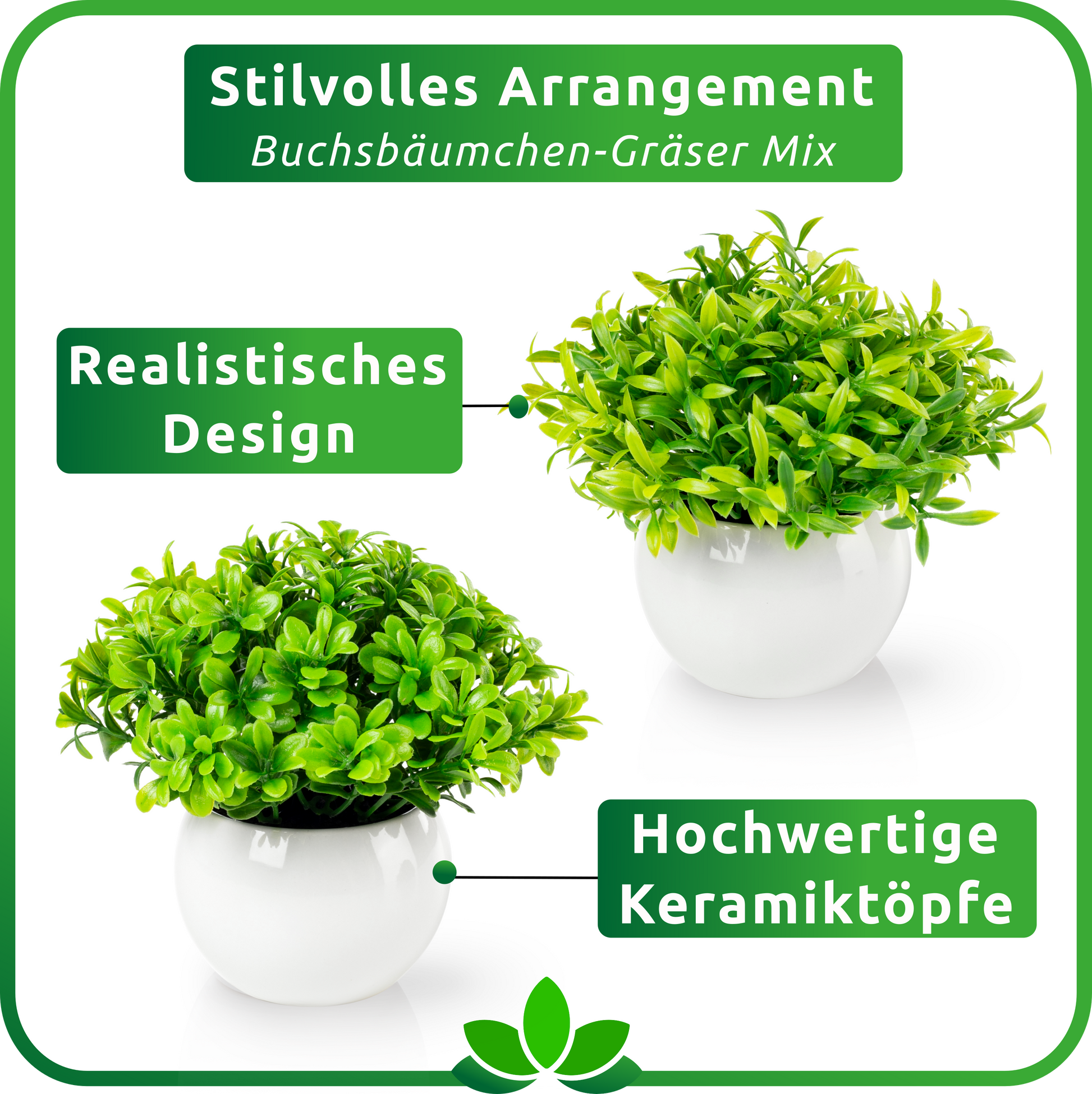 Keramiktöpfe mit künstlichen Pflanzen auf heller Holzablage
