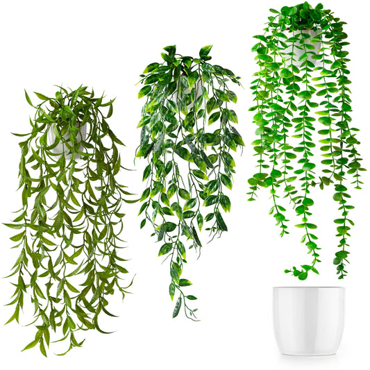 Hängende Kunstpflanzen im weißen Keramiktopf, Eukalyptus Mix, 60 cm