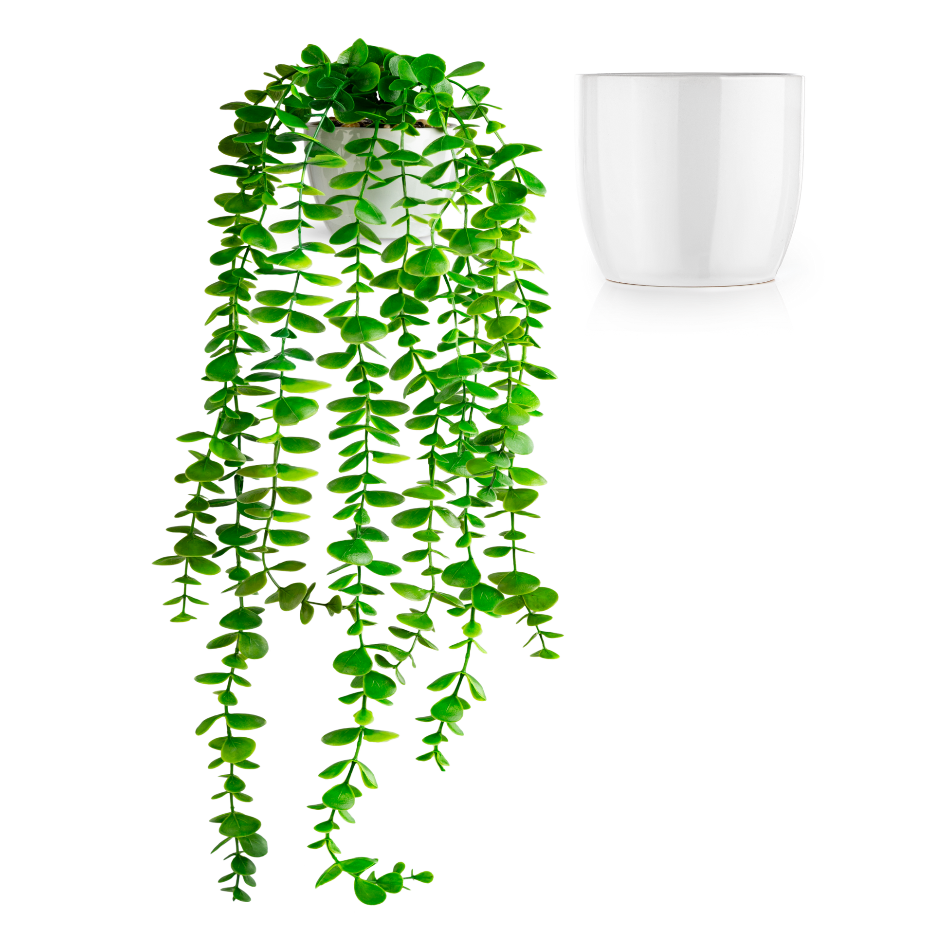 Hängende künstliche Eukalyptuspflanze in weißem Keramiktopf, 60 cm