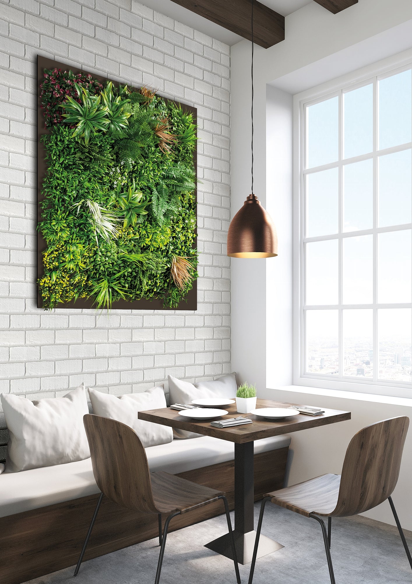 Künstliche Premium Blättermatte an einer weißen Wand in modernem Essbereich – vertikale Pflanzenwand für Innenräume zur stilvollen Raumgestaltung