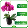 Nahaufnahme der Blätter und Blüten der künstlichen Orchideen im Set