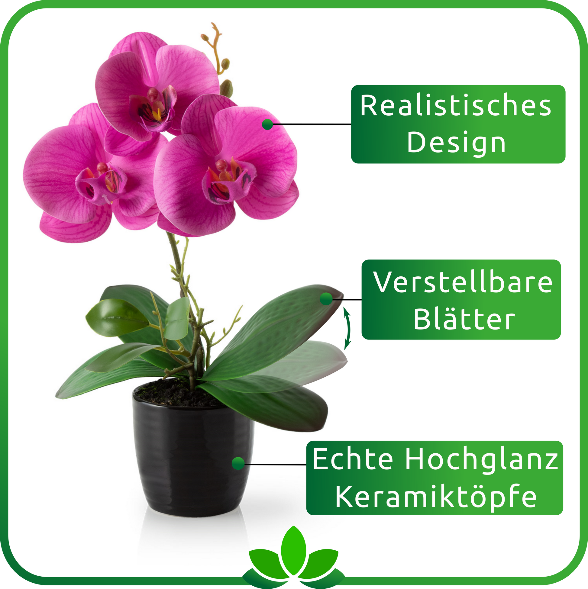 Nahaufnahme der Blätter und Blüten der künstlichen Orchideen im Set