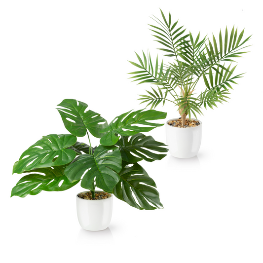 Monstera und Areca Kunstpflanze im weißen Keramiktopf, 35cm hoch
