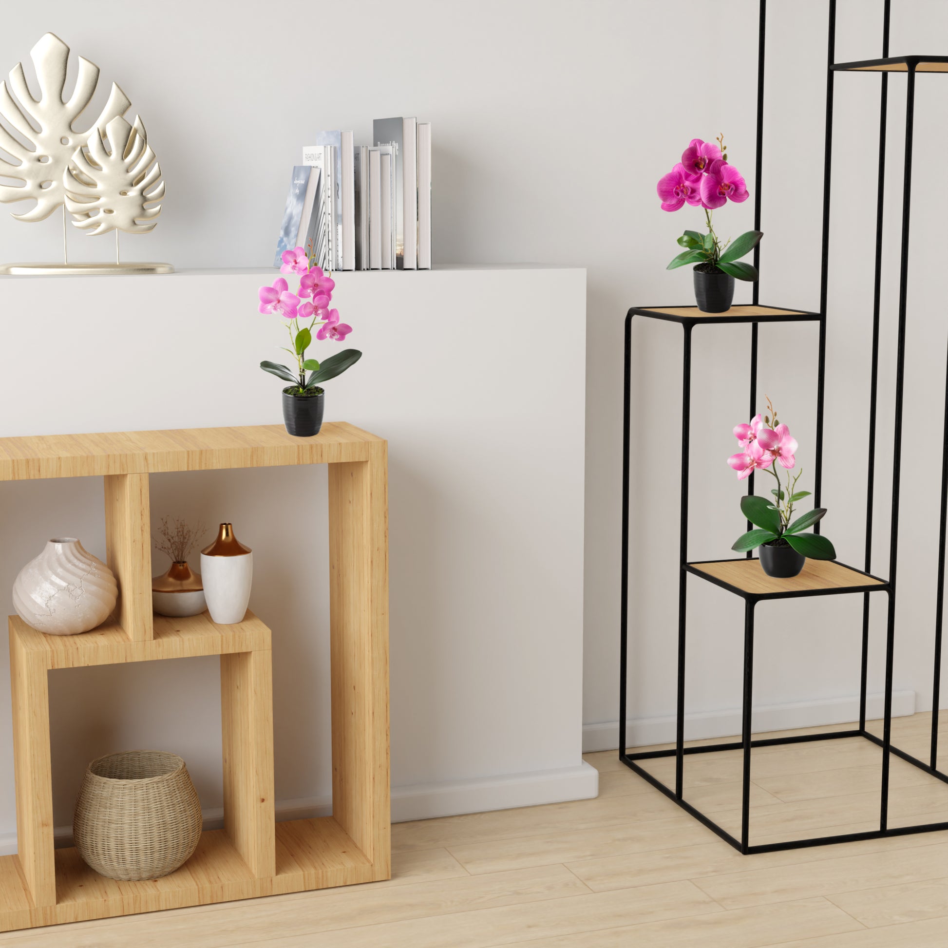 Dekoratives Kunstblumen-Set mit roséfarbigen Orchideen und Keramiktöpfen