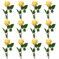 Zwölf künstliche gelbe Rosen mit grünen Blättern, realistische Seidenblumen auf weißem Hintergrund, perfekt für Dekoration und Floristikprojekte.