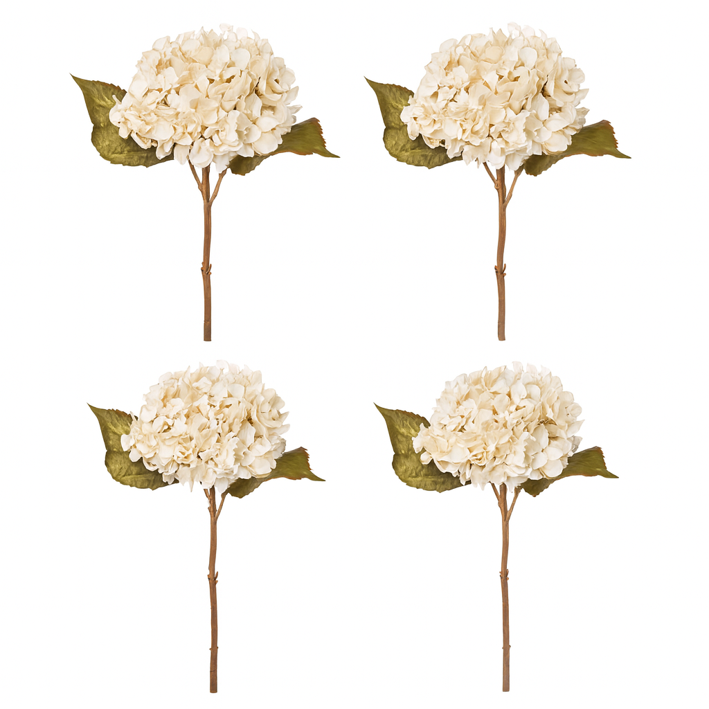 Vier künstliche cremeweiße Hortensien mit naturgetreuen Blüten und grünen Blättern auf weißem Hintergrund, ideal für Dekoration und florale Arrangements.