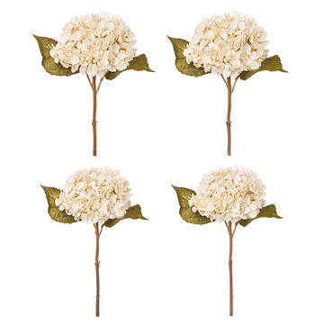 Vier künstliche cremeweiße Hortensien mit naturgetreuen Blüten und grünen Blättern auf weißem Hintergrund, ideal für Dekoration und florale Arrangements.