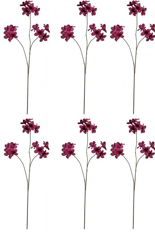 Sechs künstliche Magnolienzweige in kräftigem Bordeaux-Ton auf weißem Hintergrund – realistisch gestaltete Deko-Blumen für stilvolle Raumgestaltung.