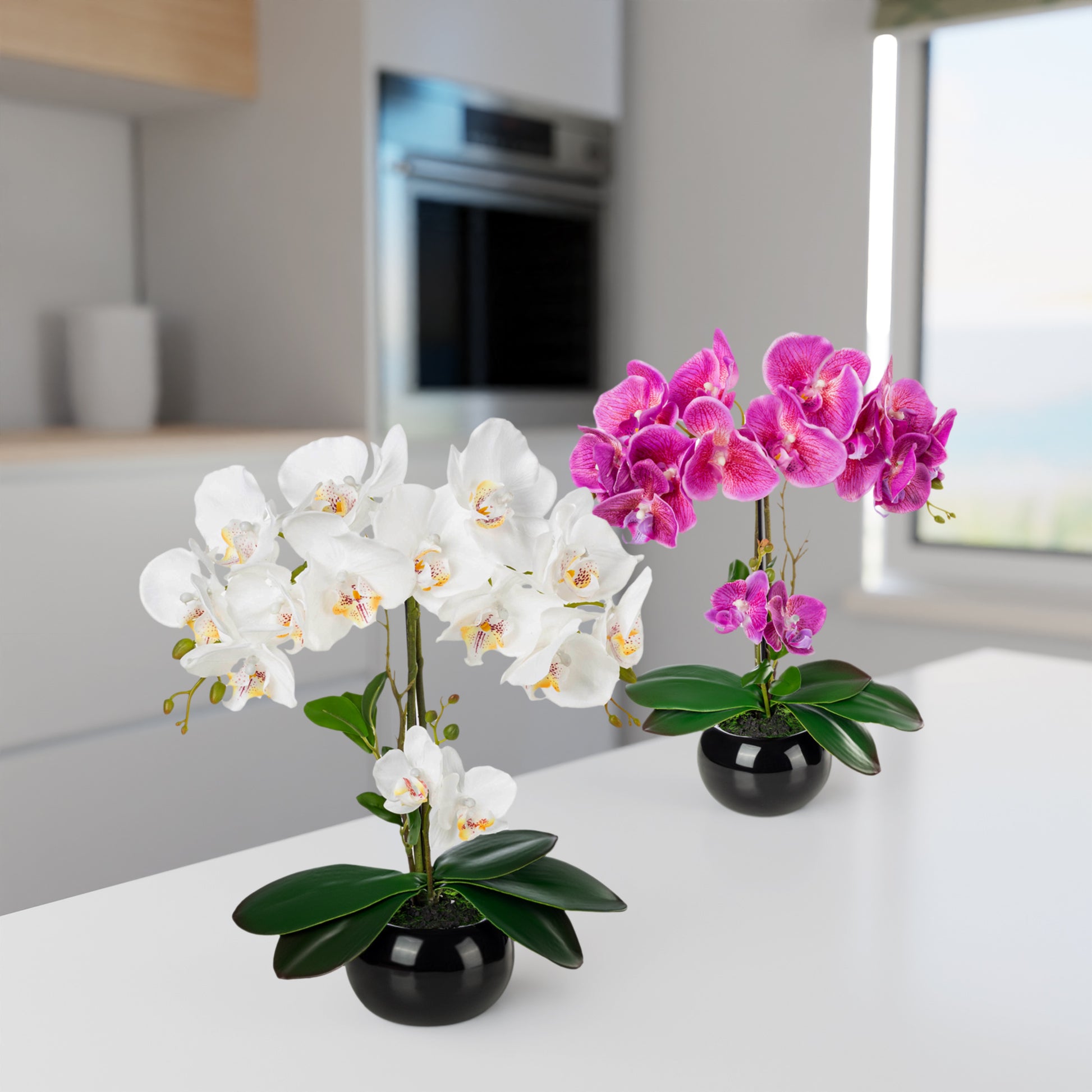 Künstliche Orchideen in Keramiktöpfen (2 Stück, 40cm) - Weiß-Rosé (schwarze Töpfe)