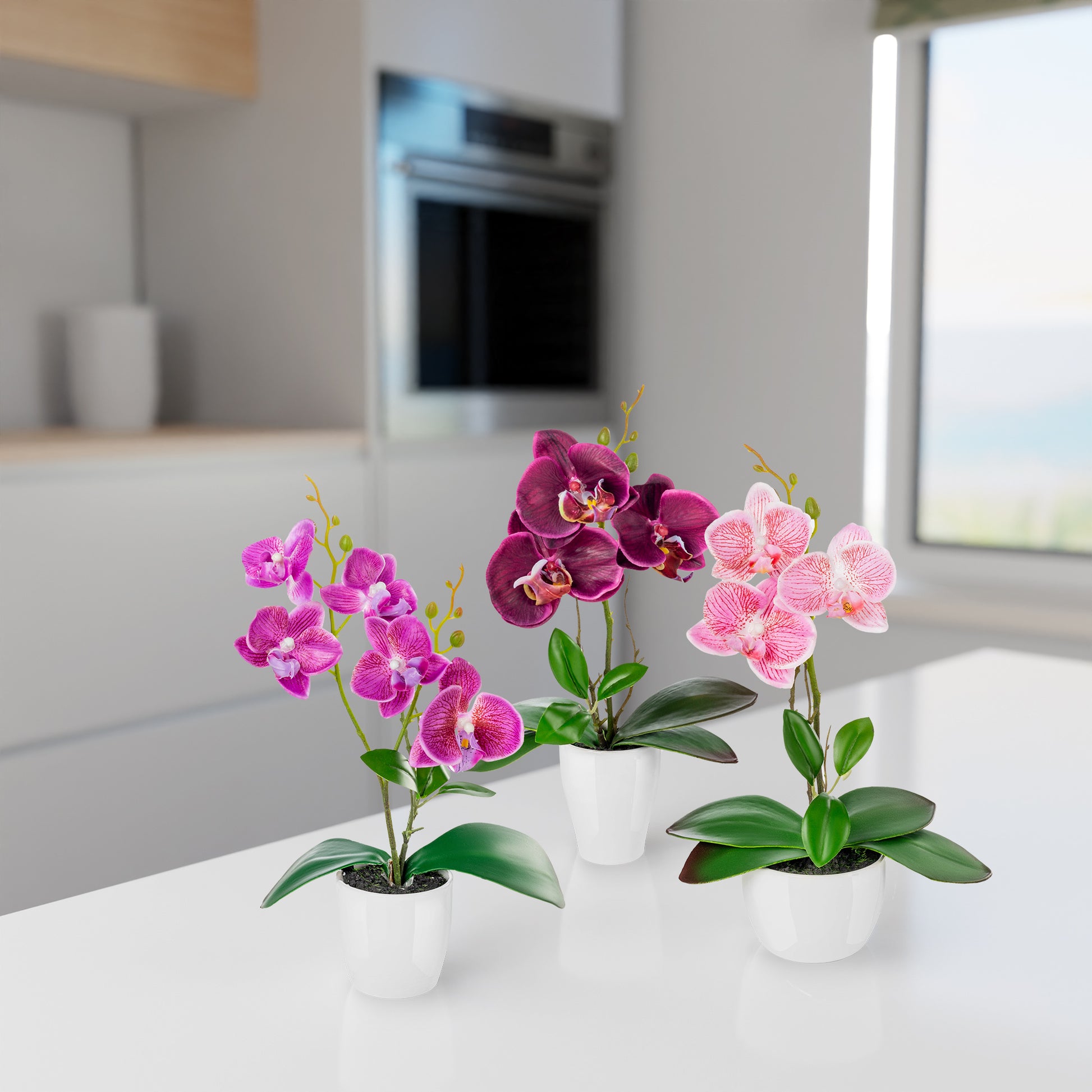 Nahaufnahme des kunstvoll gestalteten Keramiktopfs mit Orchidee