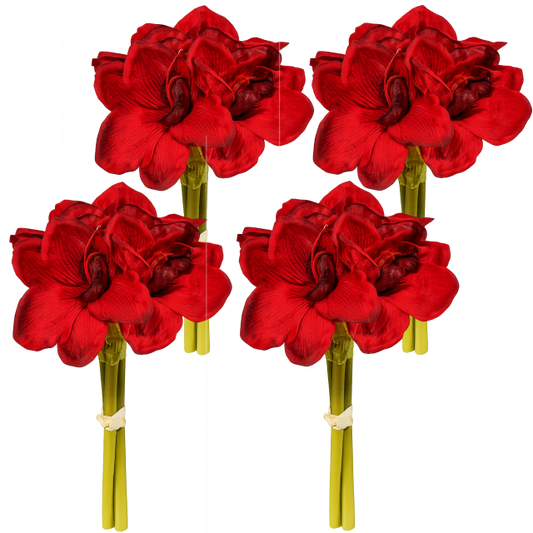 künstliche Amaryllisblume in kräftigem Rot mit grünem Stiel – detailreiche Kunstblume für Dekoration und Floristik.