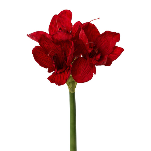 Realistische künstliche Amaryllis in kräftigem Rot mit grünem Stiel – elegante Dekoblume für festliche Winterarrangements.