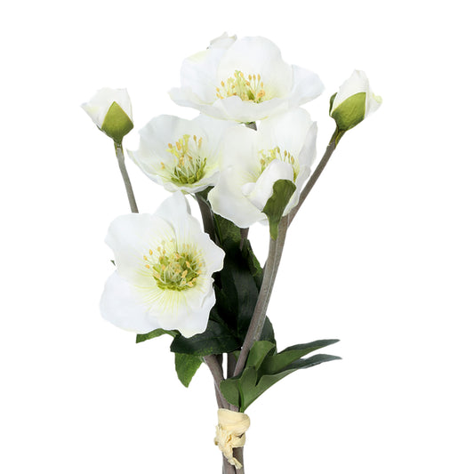 Künstliche Christrose mit weißen Blüten und grünen Blättern – naturgetreue Kunstblume auf Stiel für winterliche Dekorationen.