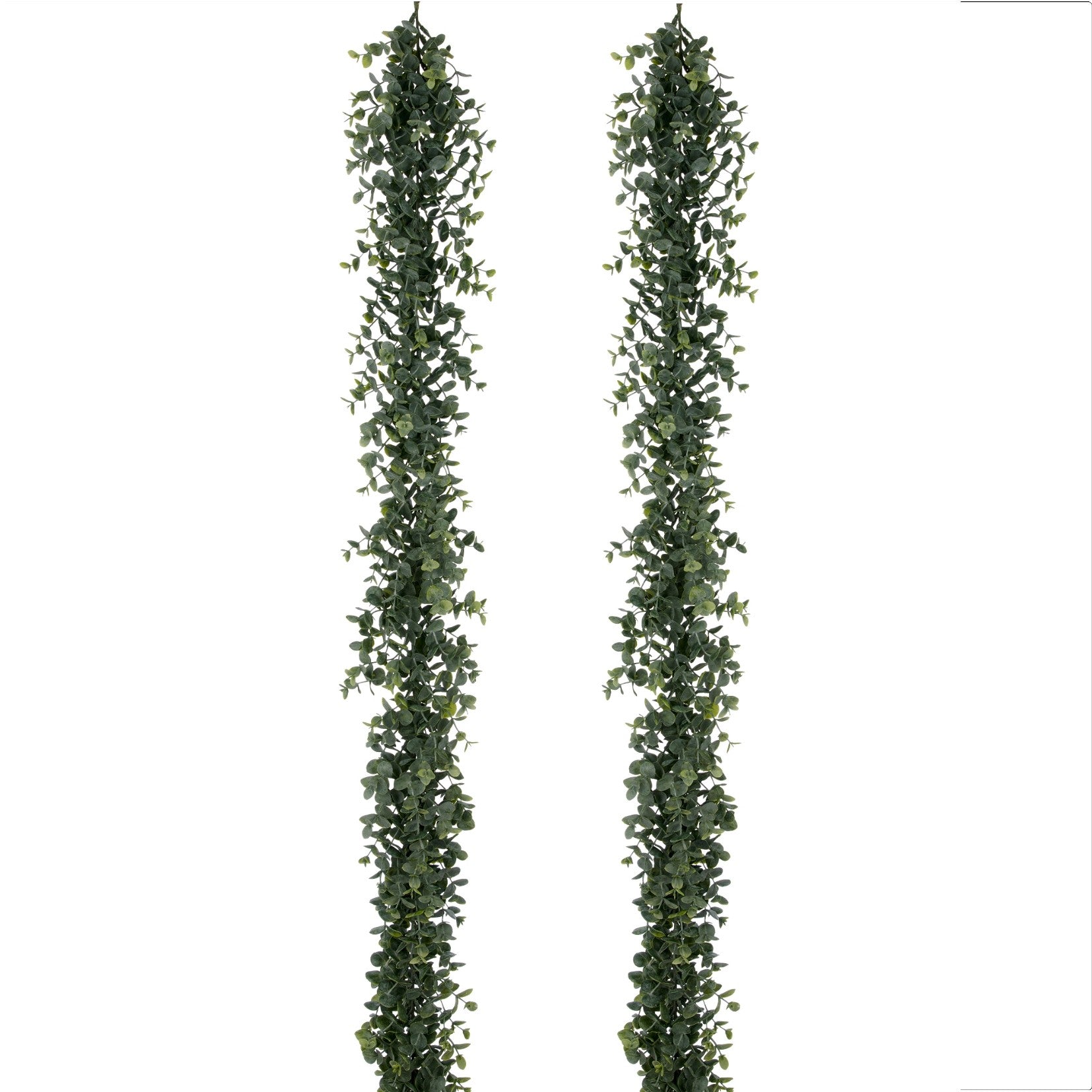 Zwei künstliche Eukalyptus-Girlanden in graugrün, jeweils 180 cm lang, ideal für Dekorationen.