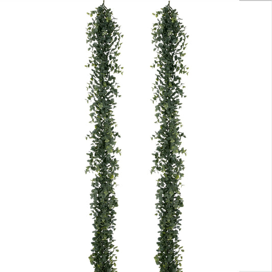 Zwei künstliche Eukalyptus-Girlanden in graugrün, jeweils 180 cm lang, ideal für Dekorationen.
