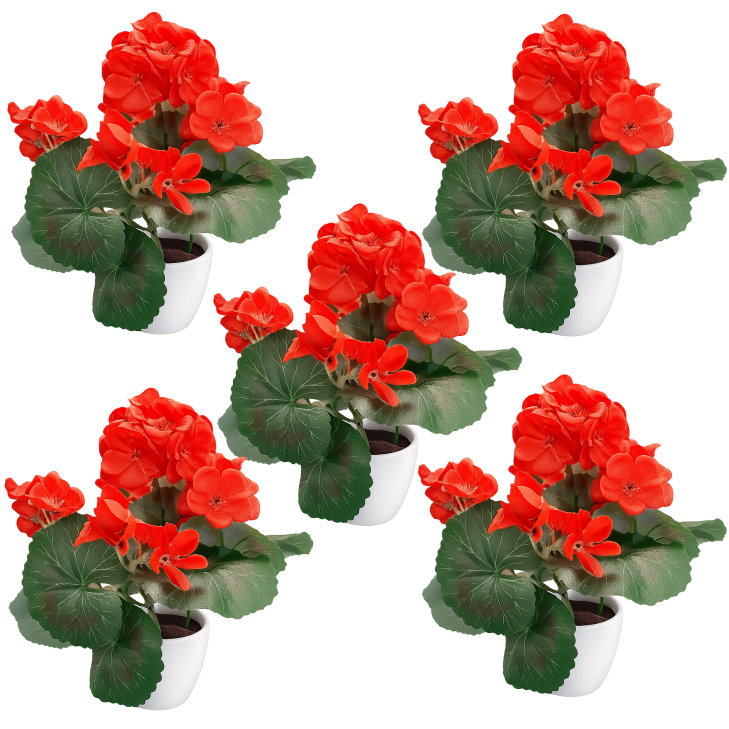 Künstliche rote Geranie im weißen Topf – detailreiche Kunstblume mit realistischem Blattwerk für Innen- und Außendekoration.