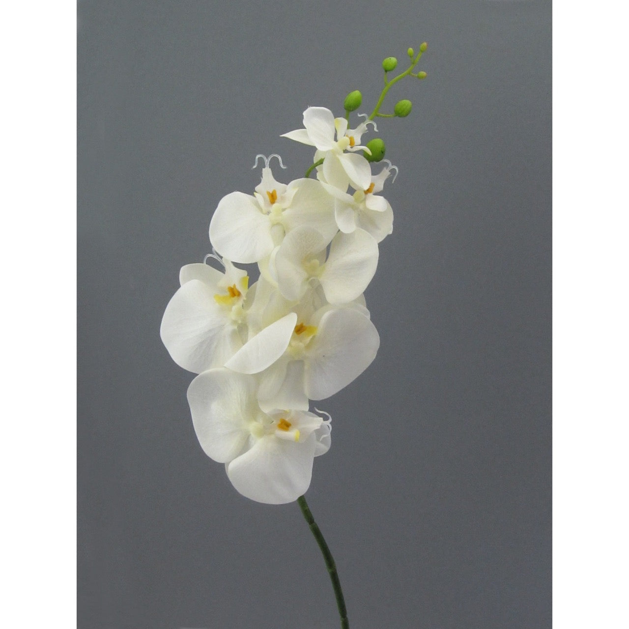 Künstliche weiße Orchidee auf Stiel – elegante Kunstblume mit naturgetreuen Blüten und grünen Knospen.