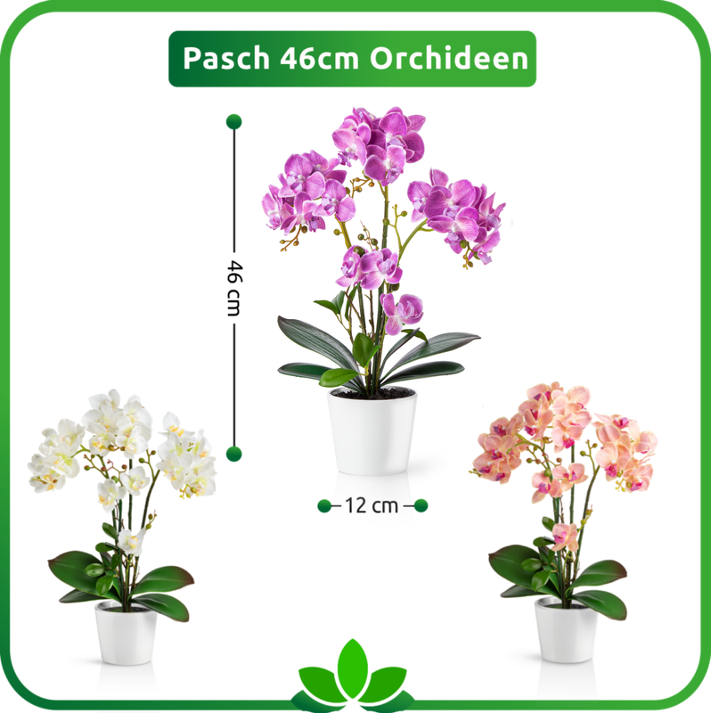 Künstliche Orchidee rosa – Größenvergleich mit 46 cm Höhe im Blumentopf
