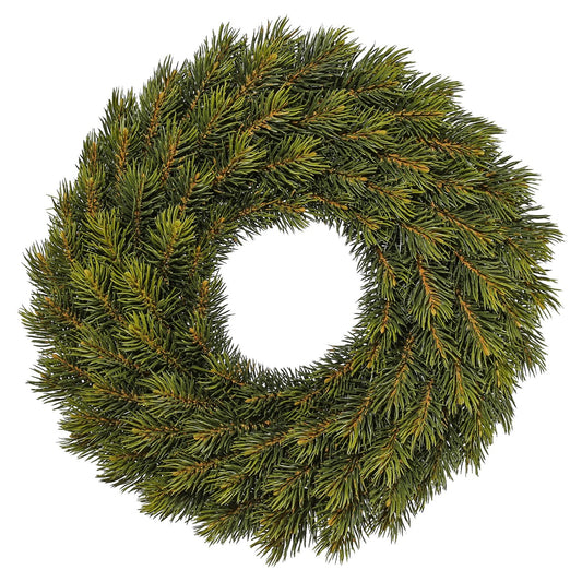 Künstlicher Tannenkranz aus dichten grünen Zweigen – klassische und naturgetreue Weihnachtsdekoration für Tür oder Wand.