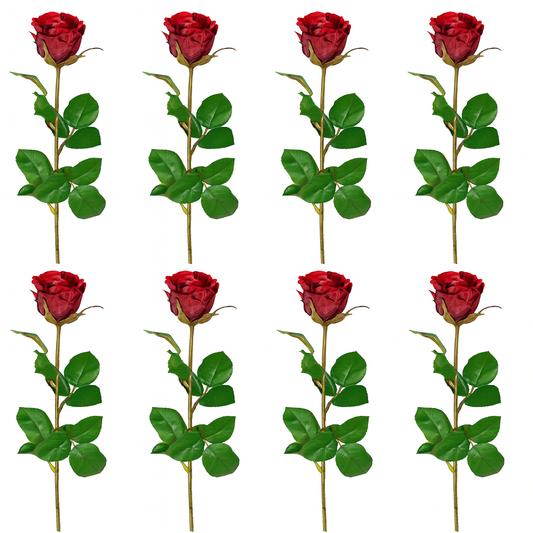 Acht realistische rote Kunstrosen mit langen grünen Stielen und Blättern auf weißem Hintergrund – elegantes 8er-Set für Dekoration und Floristik.