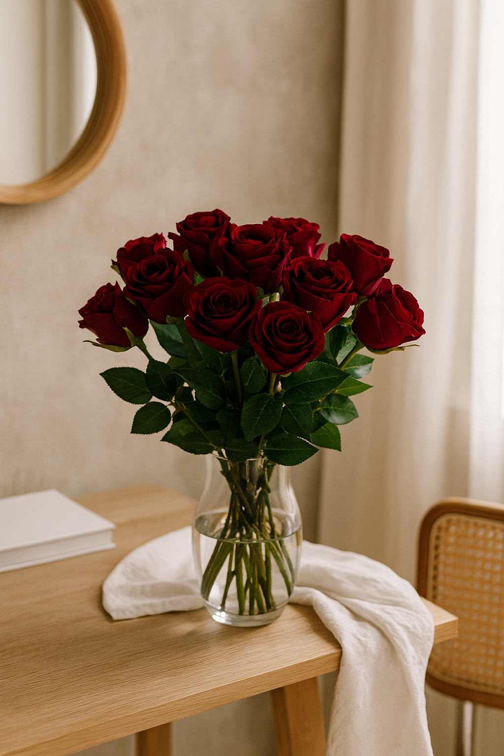 Ein realistischer Strauß aus zwölf dunkelroten künstlichen Rosen in einer eleganten Glasvase, arrangiert auf einem Holztisch in stilvollem Wohnambiente mit natürlichem Licht.