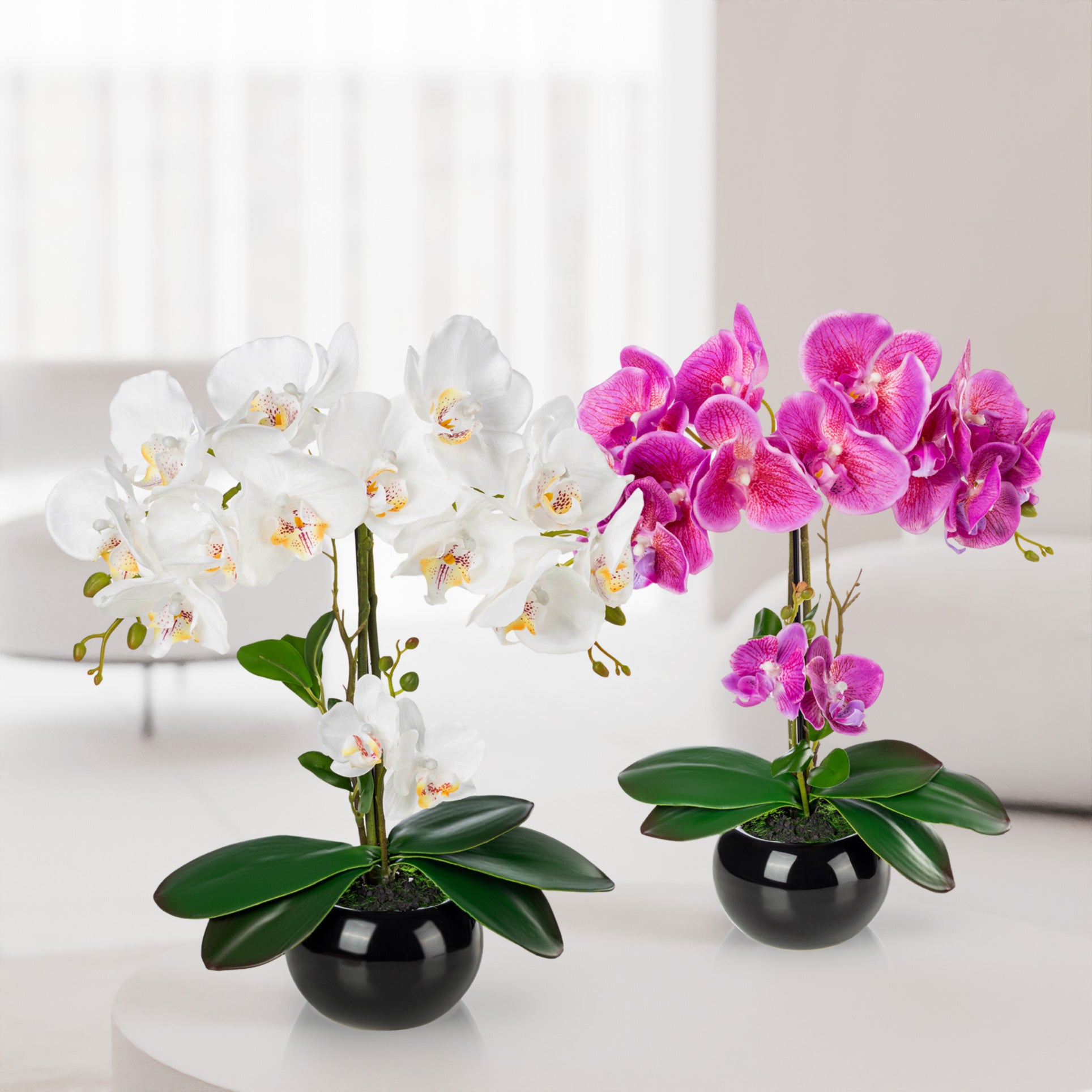 Künstliche Orchideen in Keramiktöpfen (2 Stück, 40cm) - Weiß-Rosé (schwarze Töpfe)