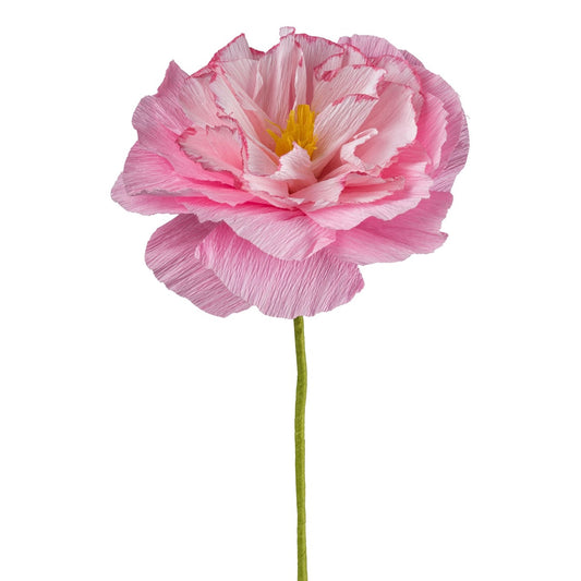Rosa Papierblume aus Krepppapier mit gelber Blütenmitte und grünem Stiel – elegante Dekoblume in Pfingstrosenoptik für stilvolle Arrangements.