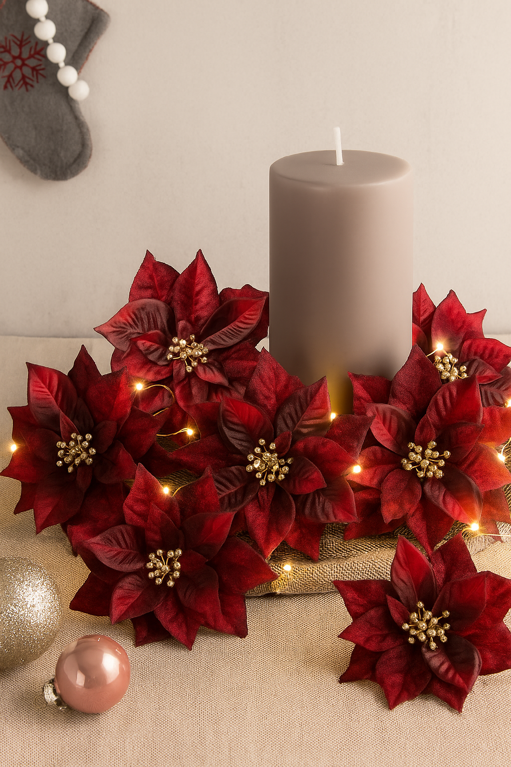 Rote Weihnachtsstern Dekoblumen im festlichen Ambiente – elegante Kunstpflanze mit Lichterkette und Kerze für weihnachtliche Tischdekoration.