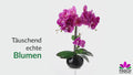 Weiße künstliche Orchidee in glänzendem Keramiktopf auf Holzregal