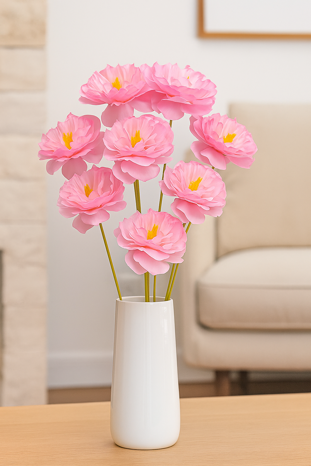 Rosa Pfingstrosen Kunstblumen in weißer Vase – elegante künstliche Blumen wie echt für Wohnzimmer und Esstisch.