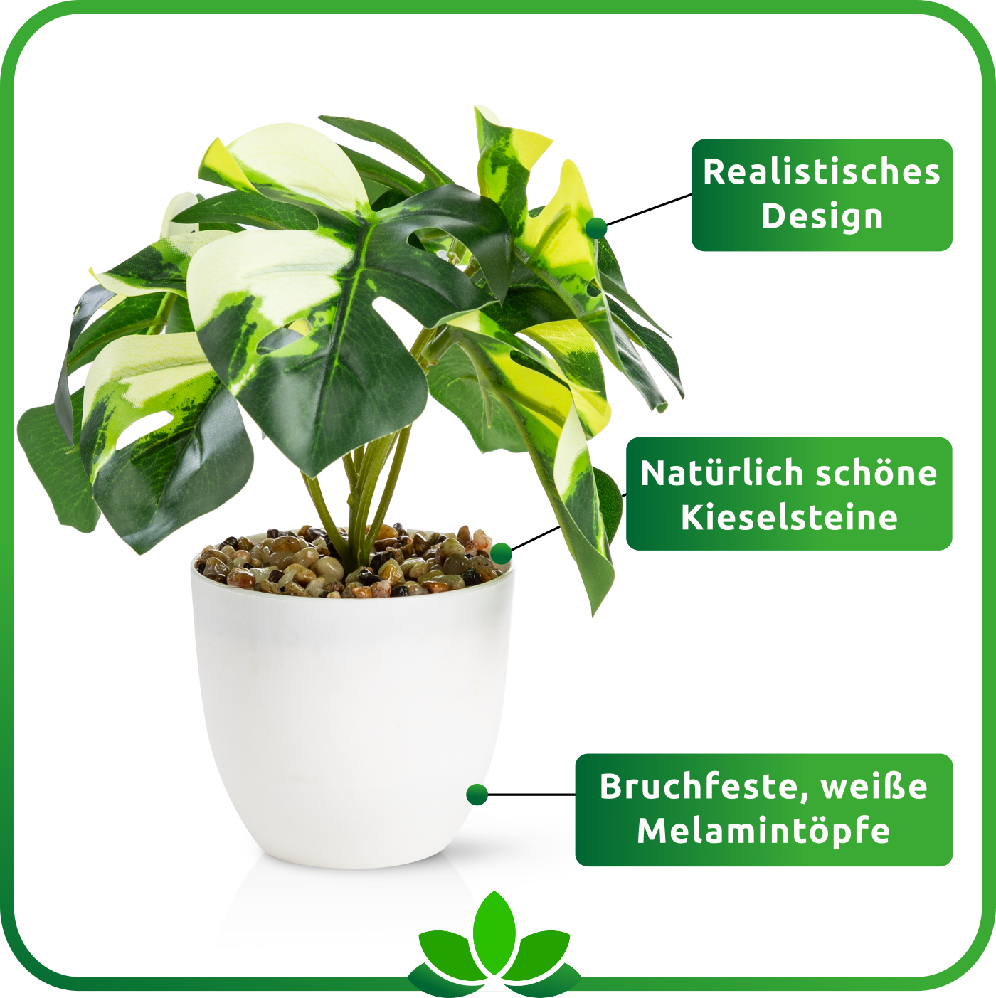 Mini Monstera Kunstpflanze als Schreibtischdekoration im modernen Büro